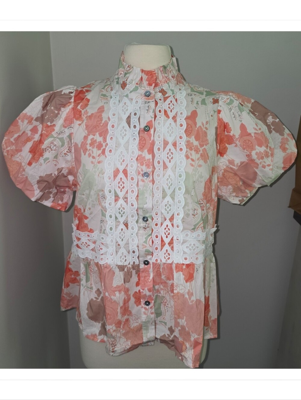 Entro NWT Floral Lace Puff Sleeve Blouse • Cottagecore Romantic Boho • Size L